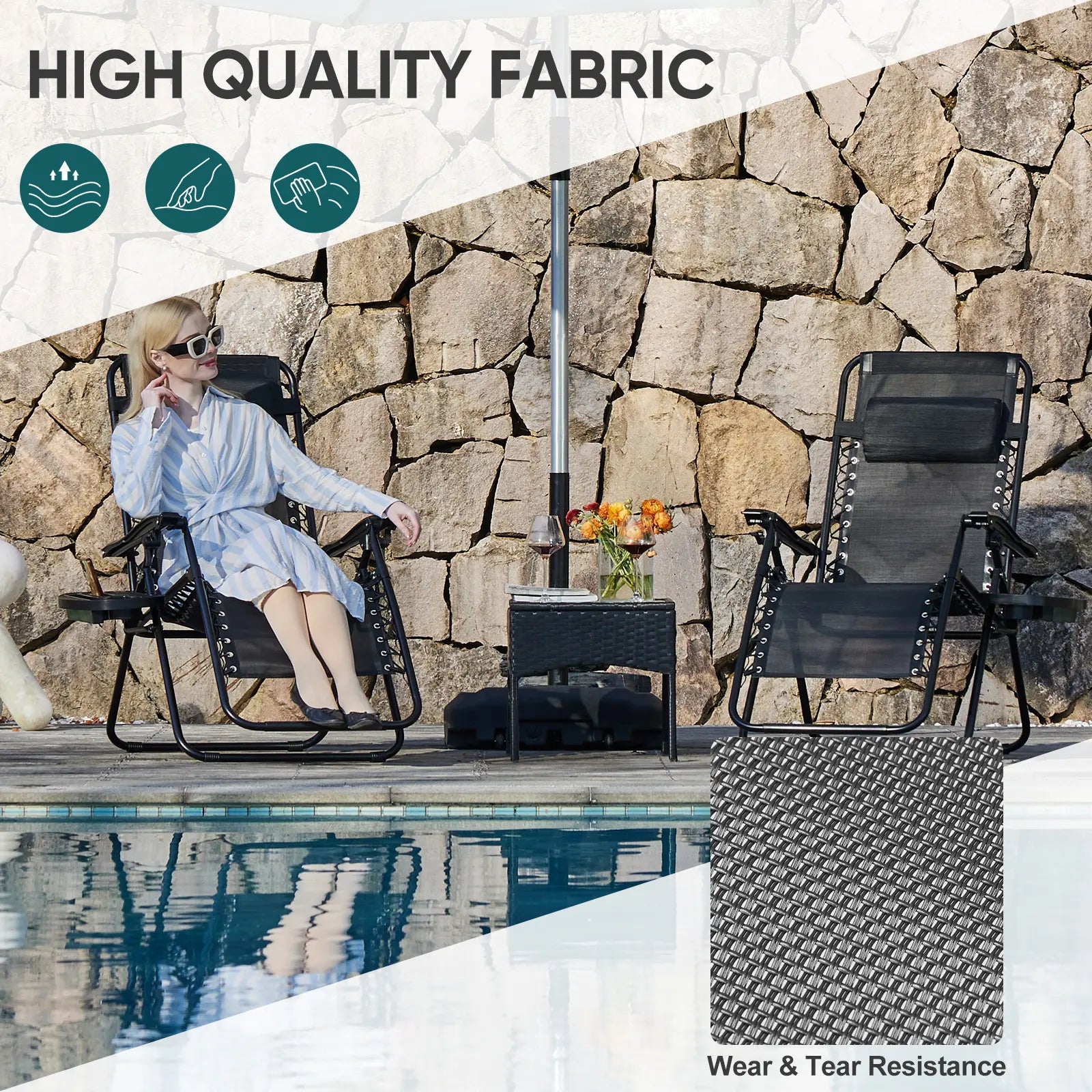 Zero Gravity Set of 2 Folding Lounge Chairs with Cup Holder Trays, Adjustable Pillow, Camping and Poolside Accessory, Outdoor Design