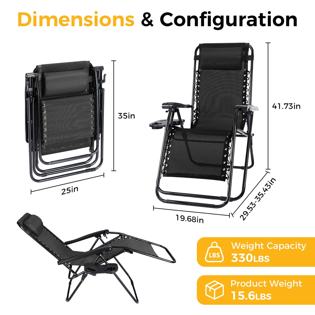 Zero Gravity Set of 2 Folding Lounge Chairs with Cup Holder Trays, Adjustable Pillow, Camping and Poolside Accessory, Outdoor Design
