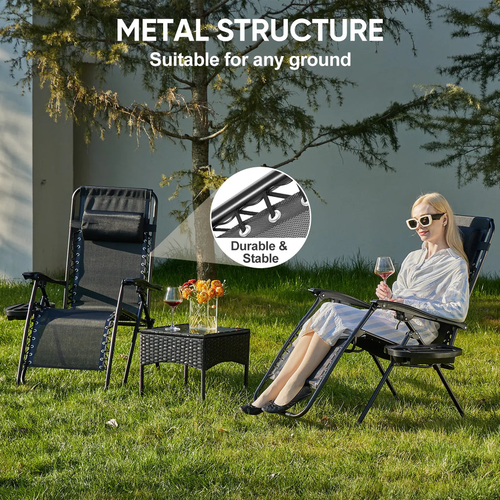 Zero Gravity Set of 2 Folding Lounge Chairs with Cup Holder Trays, Adjustable Pillow, Camping and Poolside Accessory, Outdoor Design