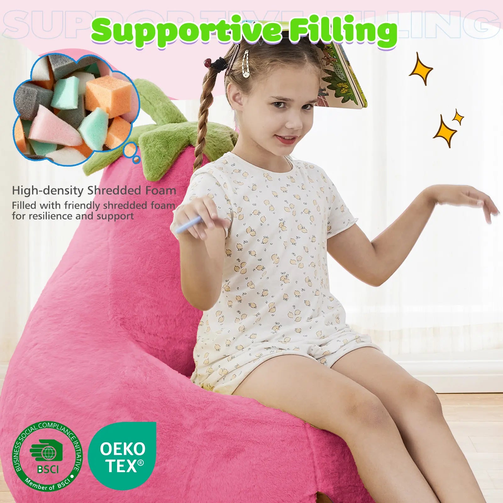 Modern Beanbag Chair for 24/31 Inch Padded Toddler Sofa with High Rebound Memory Foam Beige Purple Eggplant Design Perfect for Reading Gaming or Lounging